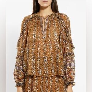 $395 Ulla Johnson Gold Tie Front Silk Boho Blouse